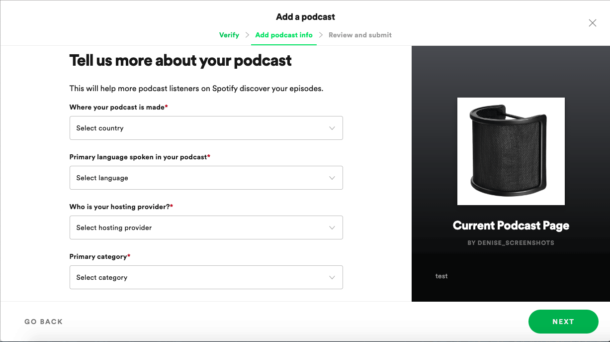 enter podcast spotify details